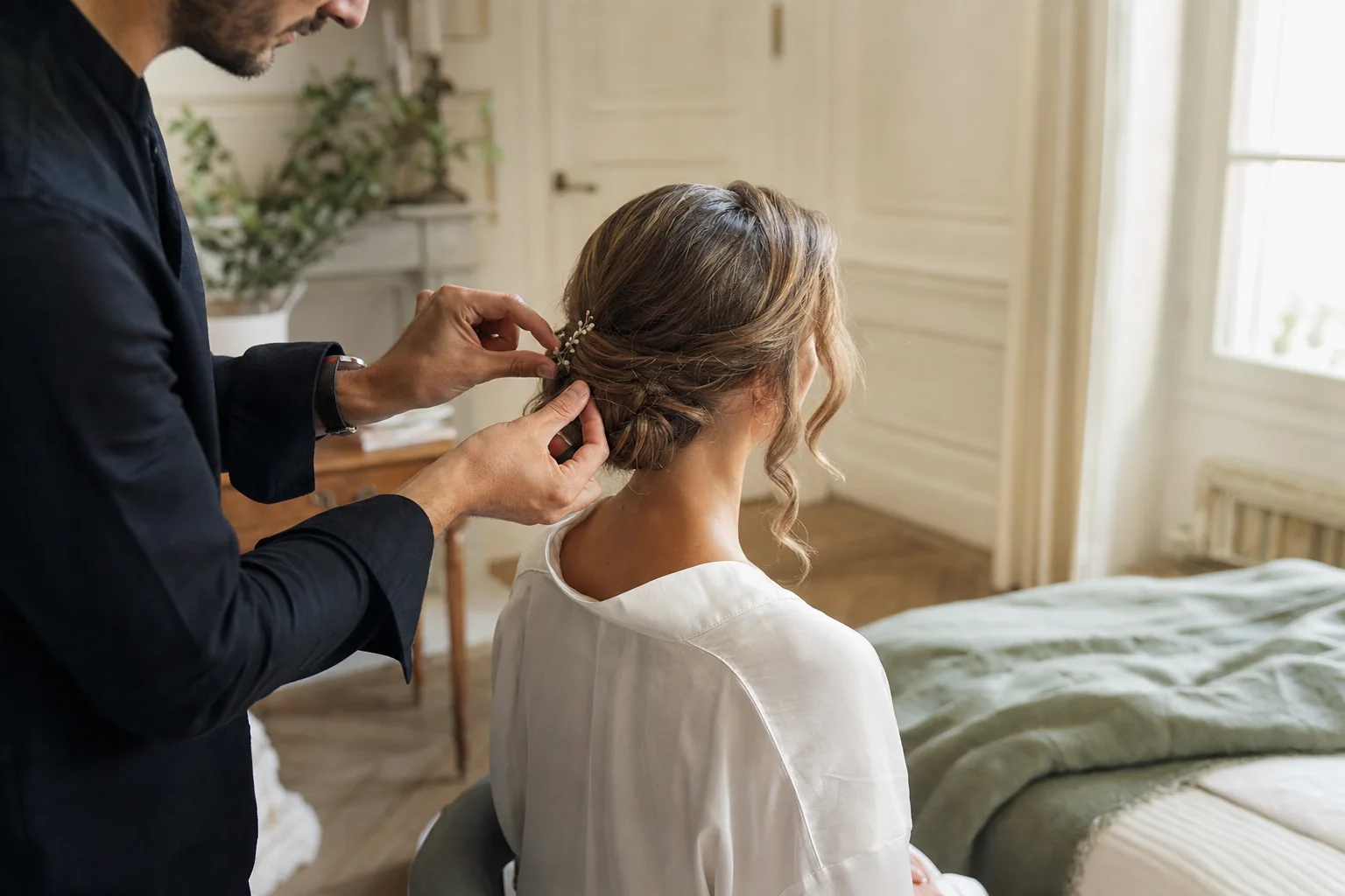 Coiffeur homme réalisant une coiffure de mariage à domicile