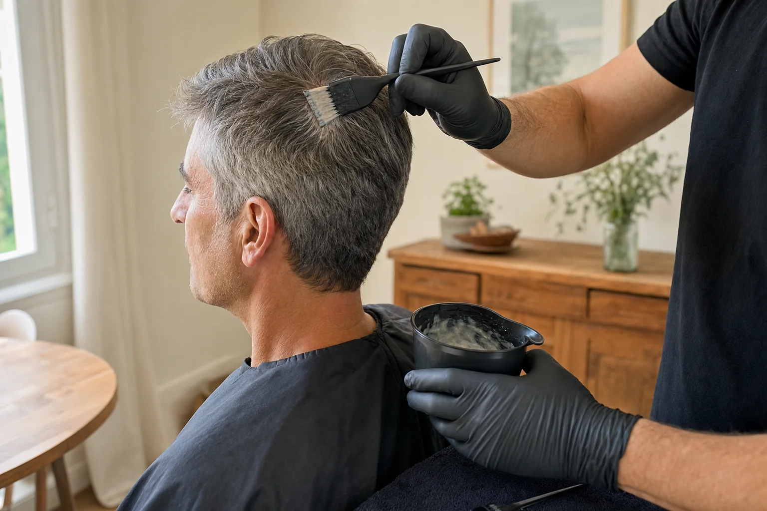 Coiffeur homme préparant une coloration homme à domicile