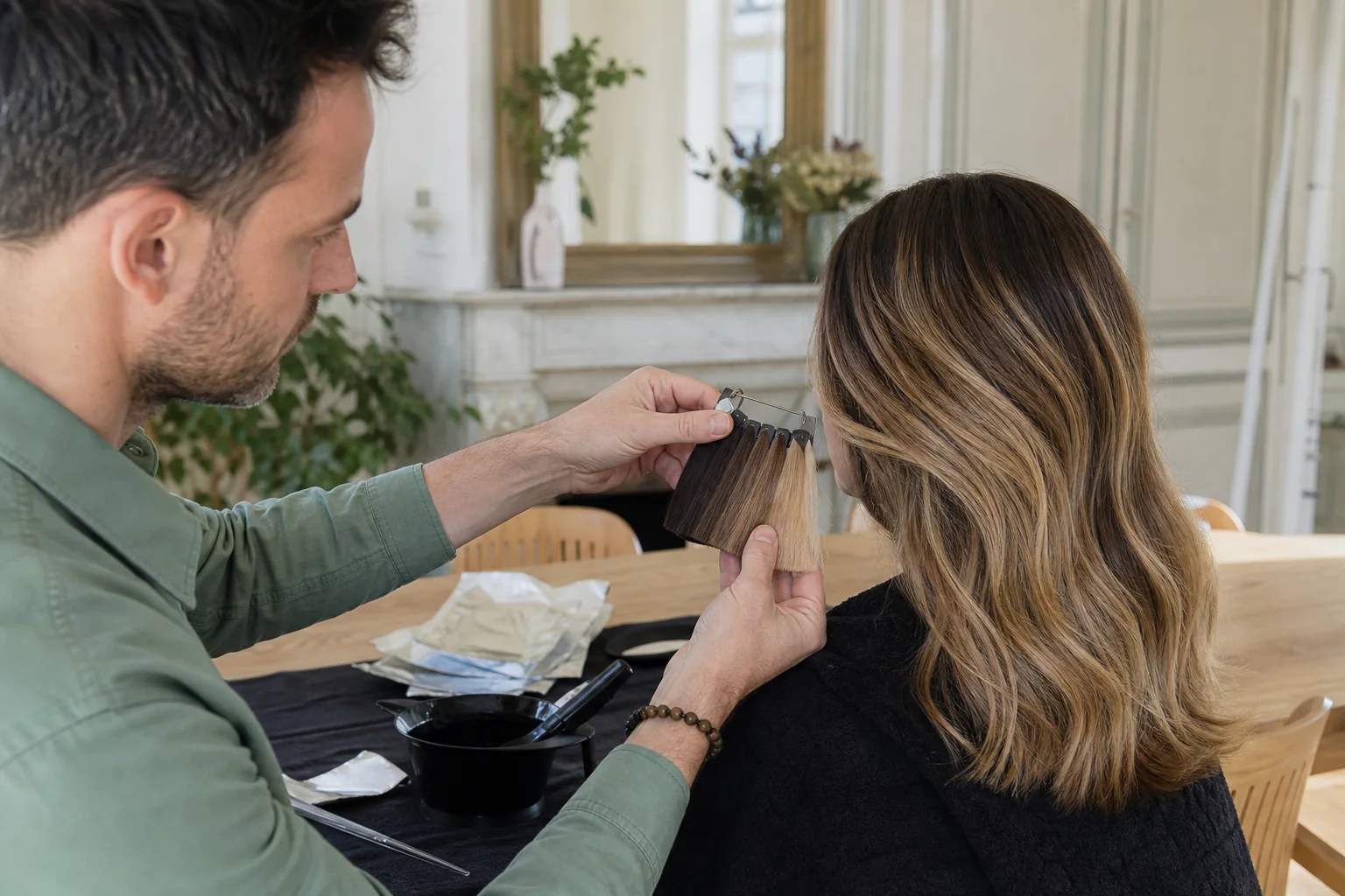 Coiffeur coloriste homme comparant coloration et mèches à domicile