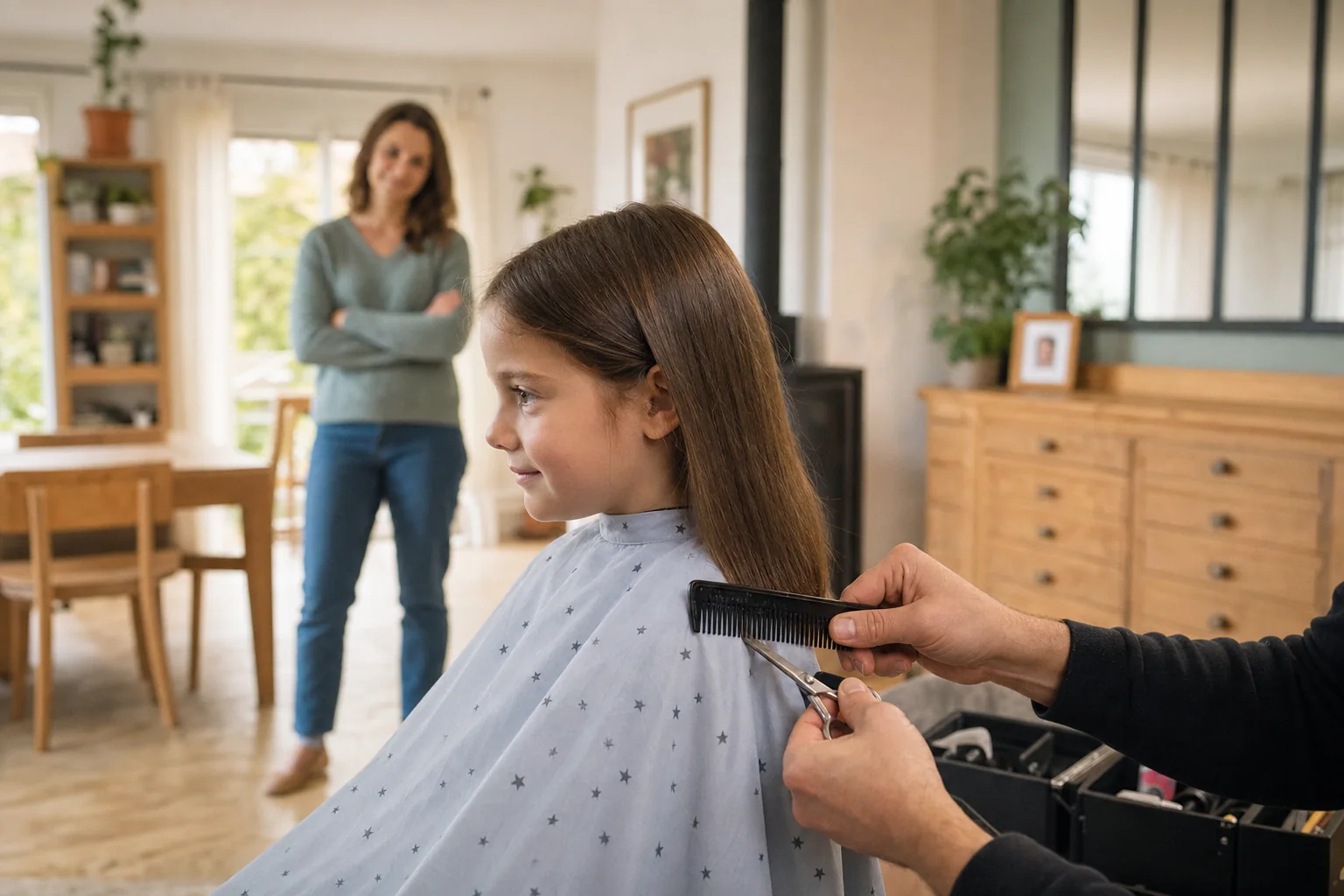 Coiffeur homme réalisant une coupe fille à domicile avec un parent présent