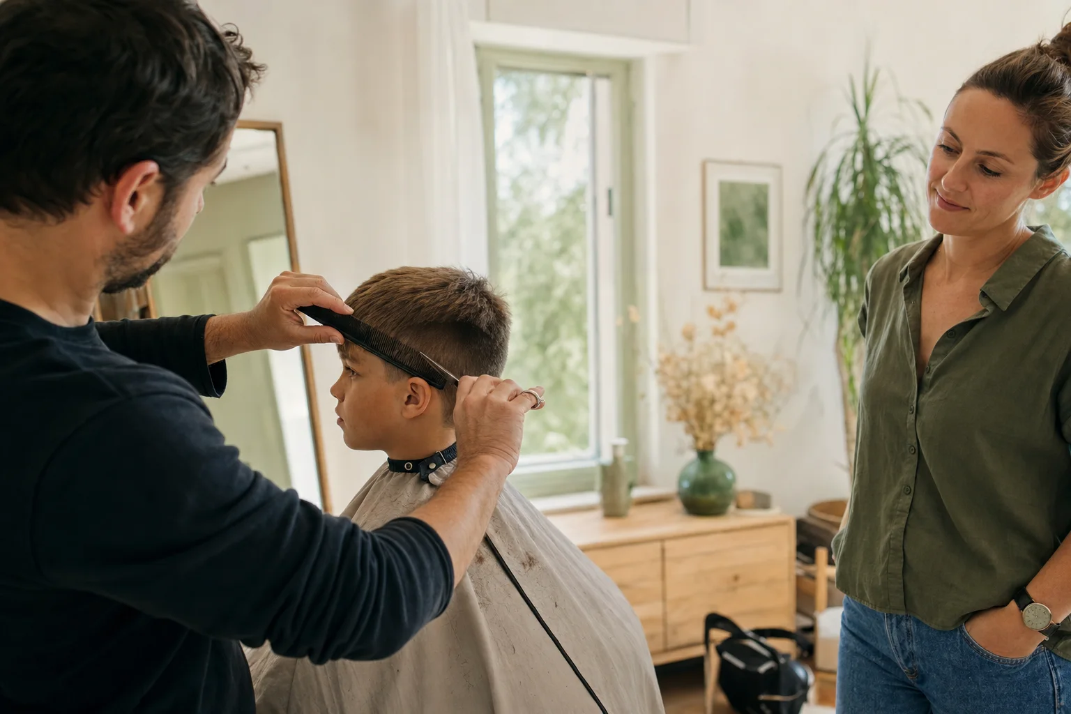 Coiffeur homme réalisant une coupe garçon à domicile avec un parent présent