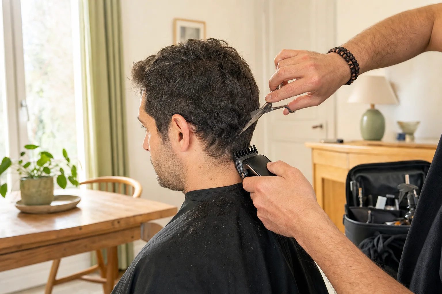 Edie, coiffeur homme, réalise une coupe professionnelle à domicile
