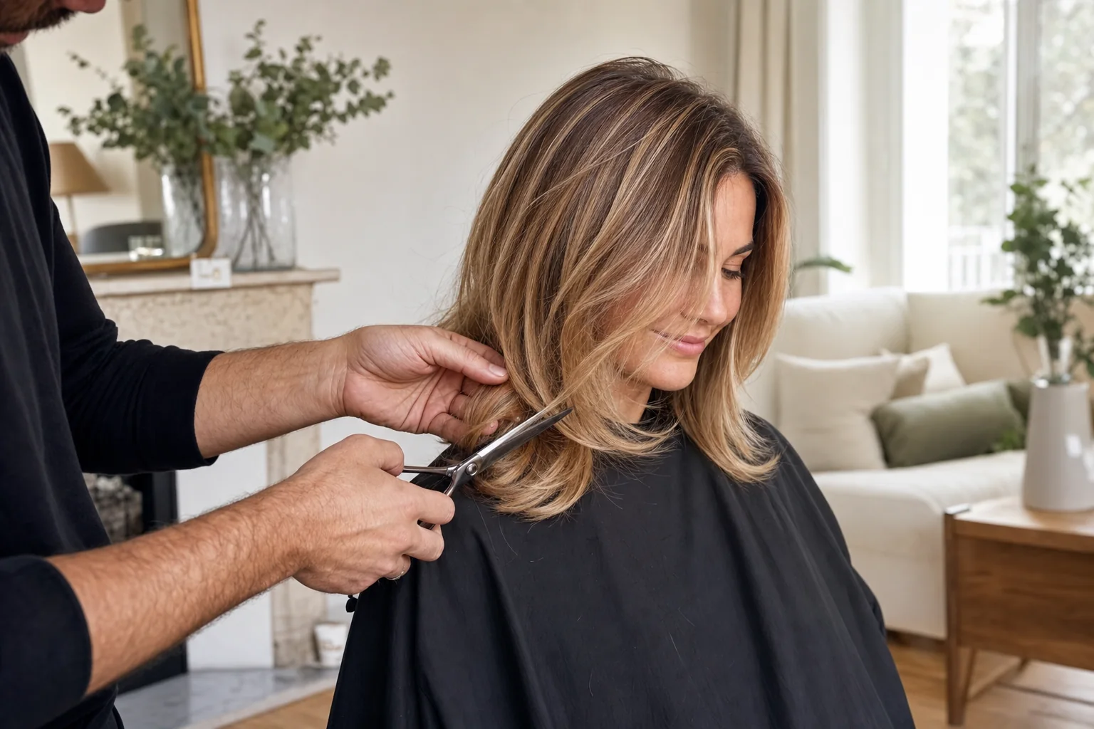 Coiffeur homme réalisant une coupe avec mèches femme à domicile
