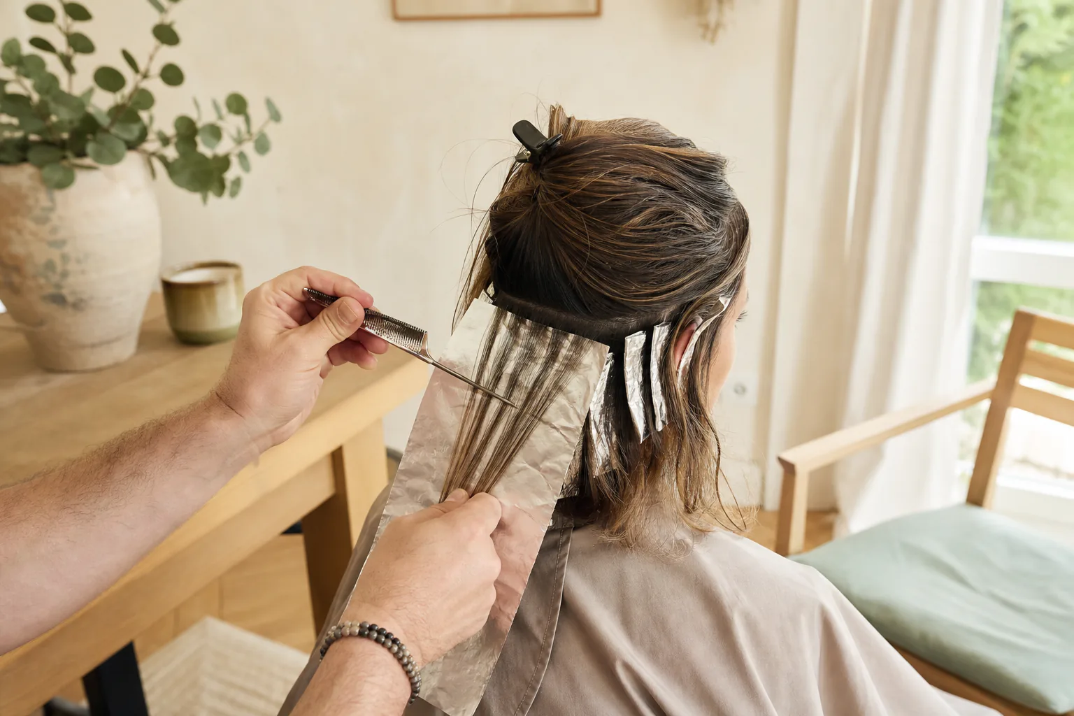 Coiffeur homme réalisant des mèches femme à domicile